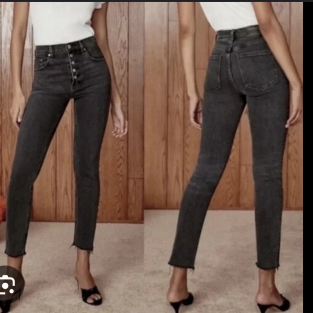 Aritzia Denim Forum Yoko High Rise Slim Washed Black Frayed Denim Jeans